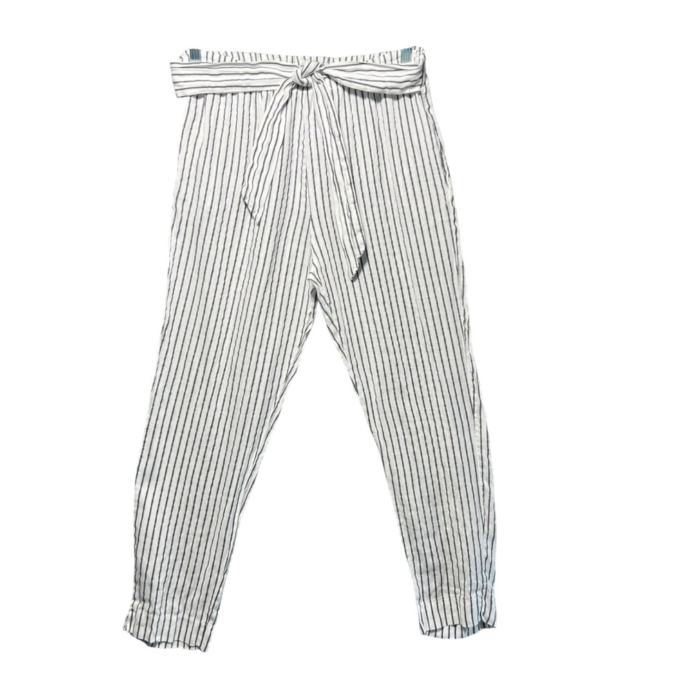 Flora Ashley Linen‎ Striped Paperbag Tie Waist Pants Women's Size Medium